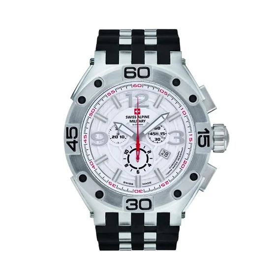 Swiss Alpine Military Aviator Supersize Chronograph Rubber Strap Silver Dial Quartz 7033.9832 100M Men's Watch