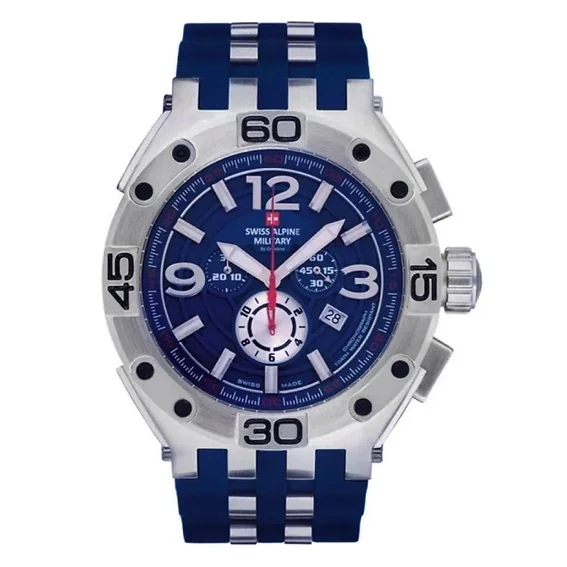 Swiss Alpine Military Aviator Supersize Chronograph Rubber Strap Blue Dial Quartz 7033.9835 100M Men's Watch