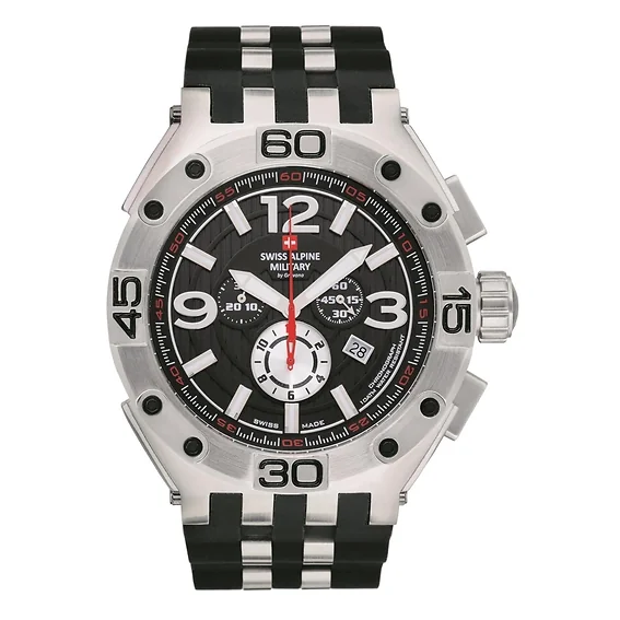 Swiss Alpine Military Aviator Supersize Chronograph Rubber Strap Black Dial Quartz 7033.9837 100M Men's Watch