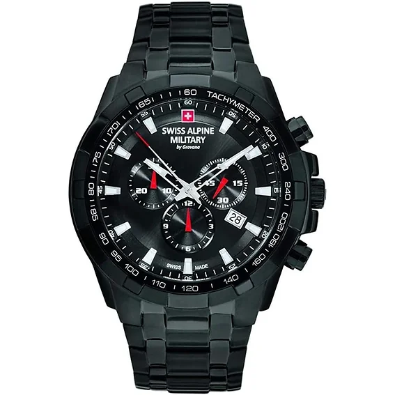 Swiss Alpine Military Star Fighter Stainless Steel Black Dial Quartz 7043.9177 100M Men's Watch