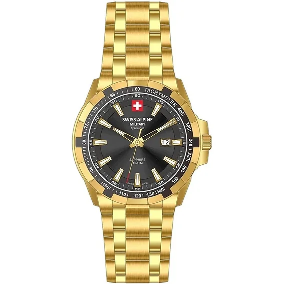 Swiss Alpine Military Star Fighter Original Stainless Steel Black Dial Quartz 7044.1217 100M Men's Watch