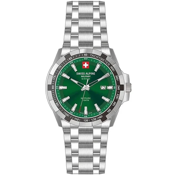 Swiss Alpine Military Star Fighter Original Stainless Steel Green Dial Quartz 7044.1234 100M Men's Watch