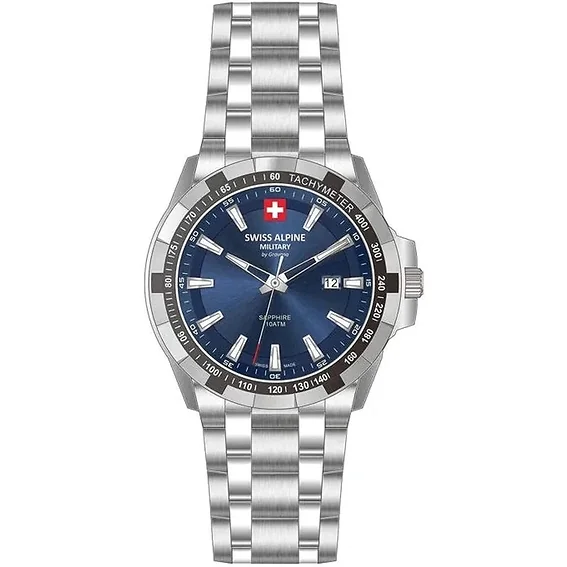 Swiss Alpine Military Star Fighter Original Stainless Steel Blue Dial Quartz 7044.1235 100M Men's Watch