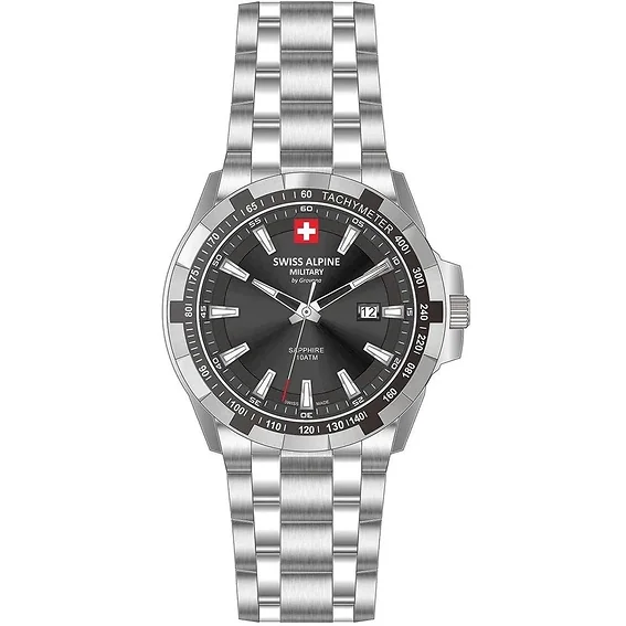 Swiss Alpine Military Star Fighter Original Stainless Steel Black Dial Quartz 7044.1237 100M Men's Watch