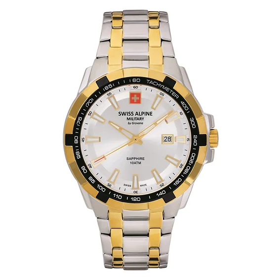 Swiss Alpine Military Star Fighter Original Two Tone Stainless Steel Silver Dial Quartz 7044.1242 100M Men's Watch
