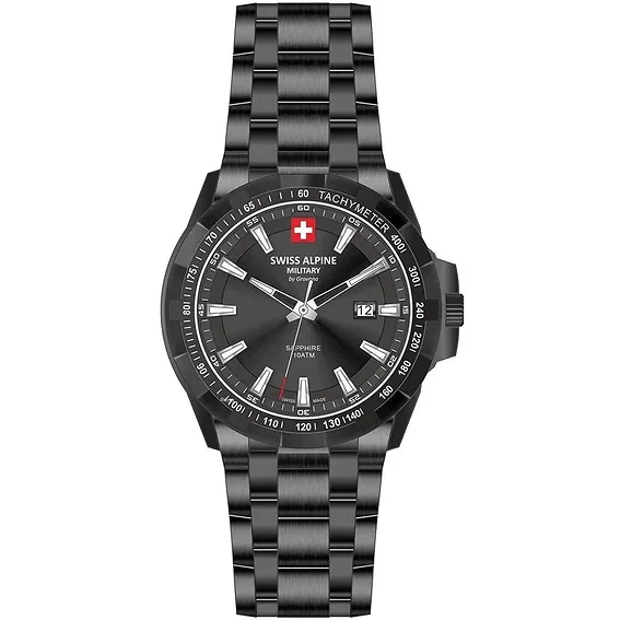 Swiss Alpine Military Star Fighter Original Stainless Steel Black Dial Quartz 7044.1277 100M Men's Watch