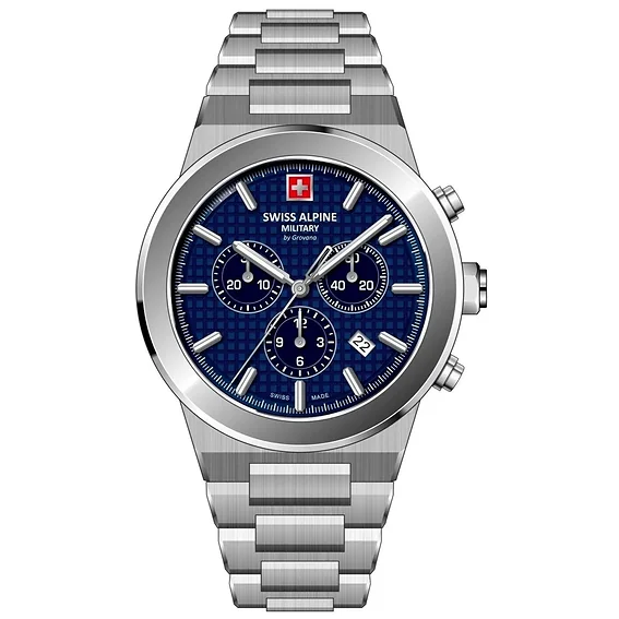 Swiss Alpine Military Pioneer Chronograph Stainless Steel Blue Dial Quartz 7048.9135 100M Men's Watch