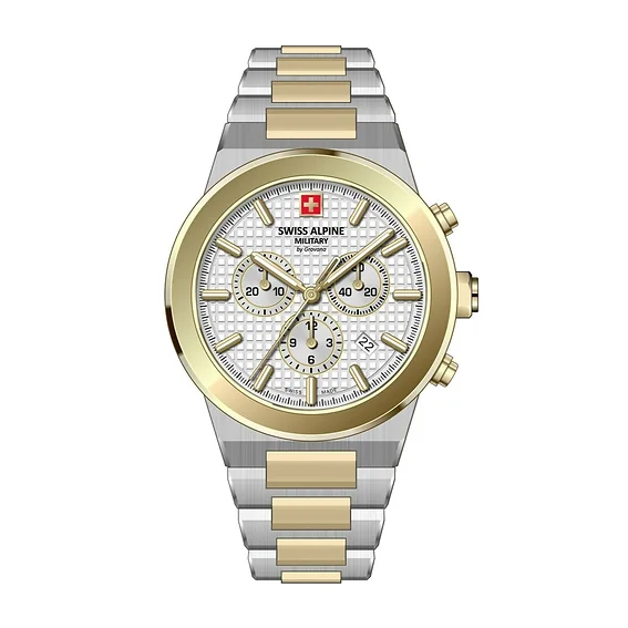 Swiss Alpine Military Pioneer Chronograph Two Tone Stainless Steel Silver Dial Quartz 7048.9142 100M Men's Watch