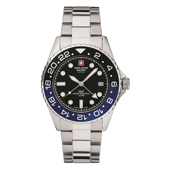 Swiss Alpine Military Master Diver GMT Stainless Steel Black Dial Quartz 7052.1132 100M Men's Watch