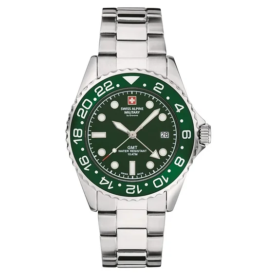 Swiss Alpine Military Master Diver GMT Stainless Steel Green Dial Quartz 7052.1134 100M Men's Watch