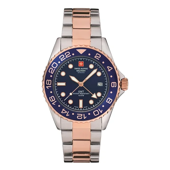 Swiss Alpine Military Master Diver GMT Two Tone Stainless Steel Blue Dial Quartz 7052.1155 100M Men's Watch