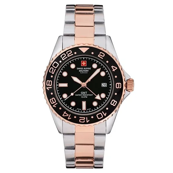 Swiss Alpine Military Master Diver GMT Two Tone Stainless Steel Black Dial Quartz 7052.1157 100M Men's Watch