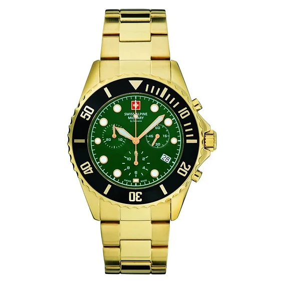 Swiss Alpine Military Master Diver Chronograph Stainless Steel Green Dial Quartz 7053.9114 100M Men's Watch