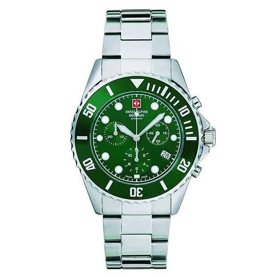 Swiss Alpine Military Master Diver Chronograph Stainless Steel Green Dial Quartz 7053.9134 100M Men's Watch