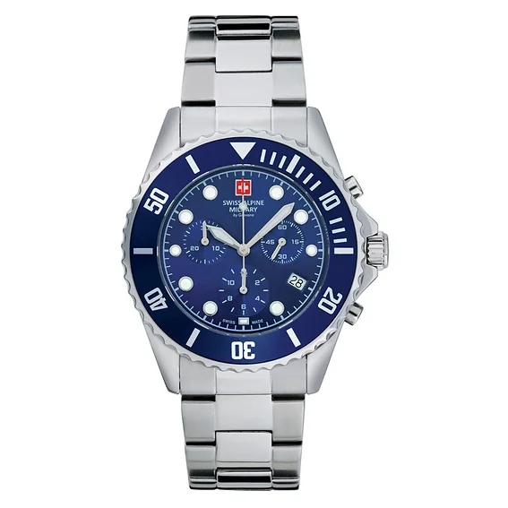 Swiss Alpine Military Master Diver Chronograph Stainless Steel Blue Dial Quartz 7053.9135 100M Men's Watch