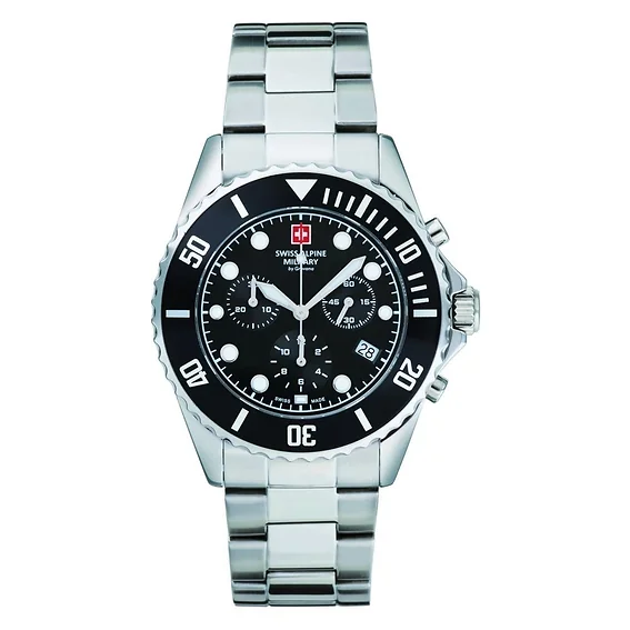 Swiss Alpine Military Master Diver Chronograph Stainless Steel Black Dial Quartz 7053.9137 100M Men's Watch
