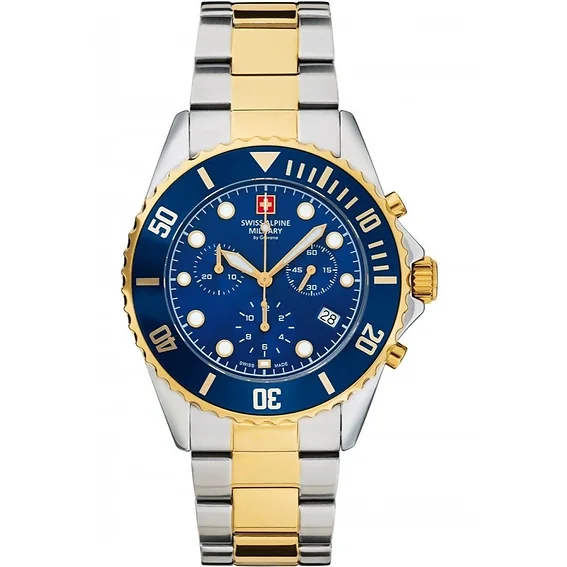 Swiss Alpine Military Master Diver Chronograph Two Tone Stainless Steel Blue Dial Quartz 7053.9145 100M Men's Watch