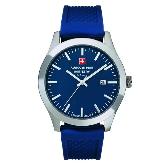 Swiss Alpine Military Combat Basic Rubber Strap Blue Dial Quartz 7055.1835 100M Men's Watch
