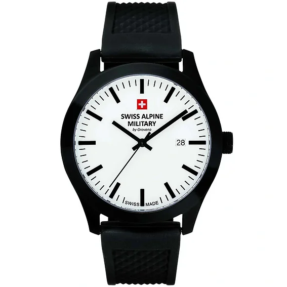 Swiss Alpine Military Combat Basic Rubber Strap White Dial Quartz 7055.1873 100M Men's Watch