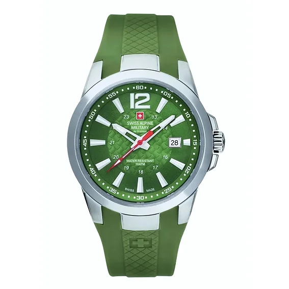 Swiss Alpine Military Combat Air Rubber Strap Green Dial Quartz 7058.1838 100M Men's Watch