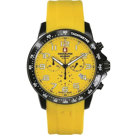 Swiss Alpine Military Ranger Chronograph Rubber Strap Yellow Dial Quartz 7064.9878 100M Men's Watch