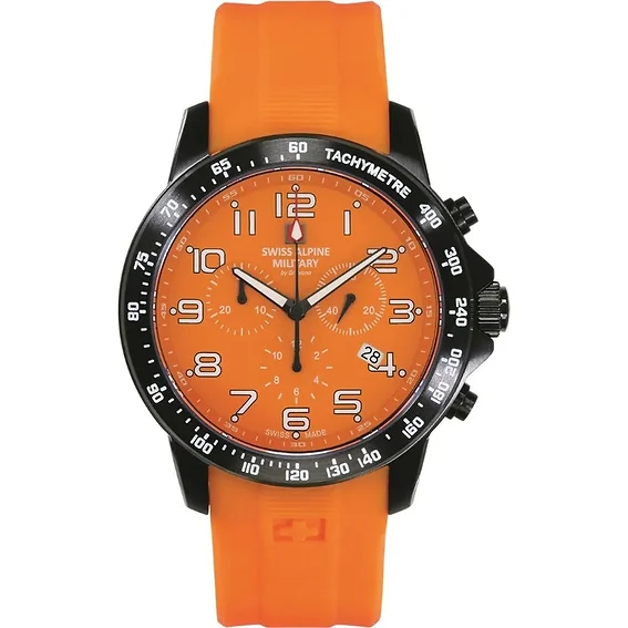 Swiss Alpine Military Ranger Chronograph Rubber Strap Orange Dial Quartz 7064.9879 100M Men's Watch