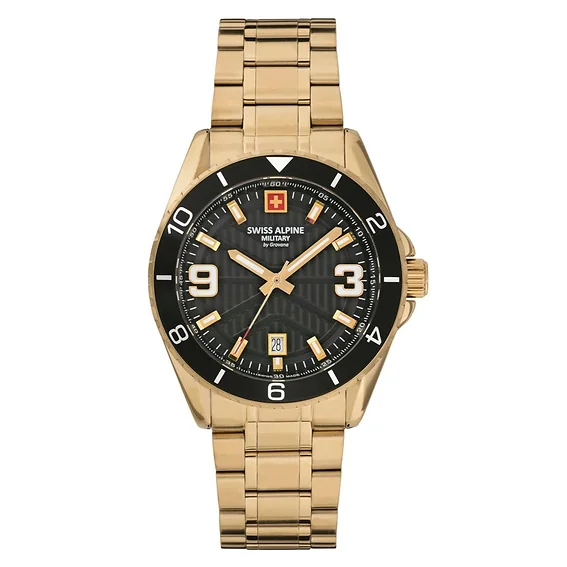 Swiss Alpine Military Sentinel Gold Tone Stainless Steel Black Dial Quartz 7073.1117 100M Men's Watch