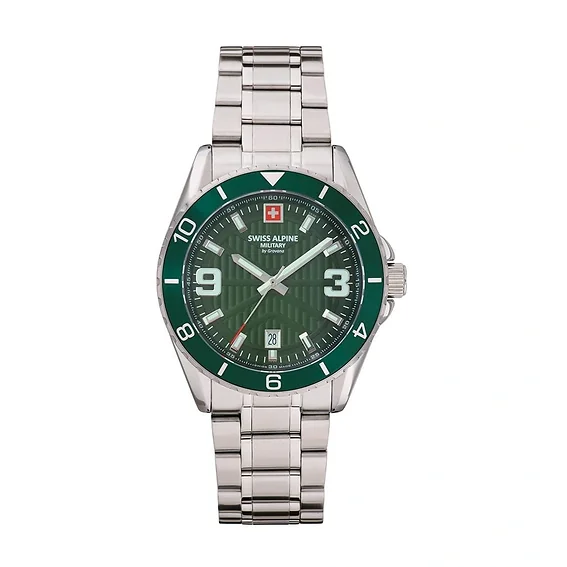 Swiss Alpine Military Sentinel Stainless Steel Green Dial Quartz 7073.1134 100M Men's Watch
