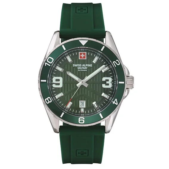 Swiss Alpine Military Sentinel Rubber Strap Green Dial Quartz 7073.1834 100M Men's Watch