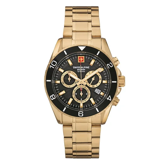 Swiss Alpine Military Sentinel Chrono Gold Tone Stainless Steel Black Dial Quartz 7073.9117 100M Men's Watch