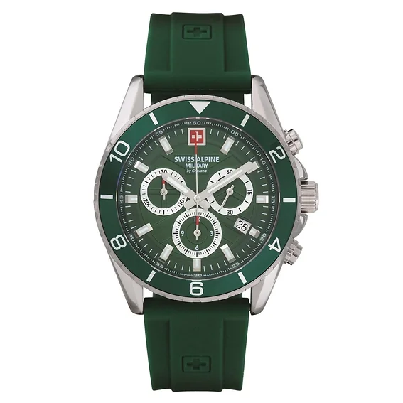 Swiss Alpine Military Sentinel Chrono Rubber Strap Green Dial Quartz 7073.9834 100M Men's Watch