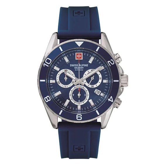 Swiss Alpine Military Sentinel Chrono Rubber Strap Blue Dial Quartz 7073.9835 100M Men's Watch
