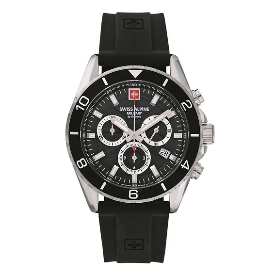 Swiss Alpine Military Sentinel Chrono Rubber Strap Black Dial Quartz 7073.9837 100M Men's Watch
