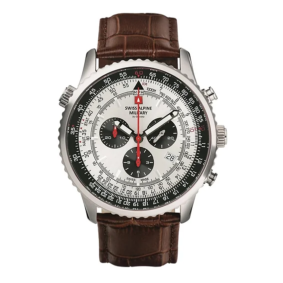 Swiss Alpine Military Viper Chronograph Leather Strap Silver Dial Quartz 7078.9532 100M Men's Watch