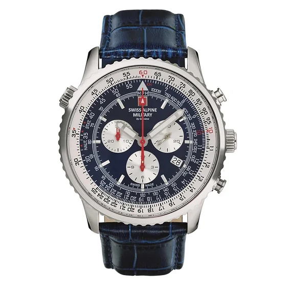 Swiss Alpine Military Viper Chronograph Leather Strap Blue Dial Quartz 7078.9535 100M Men's Watch