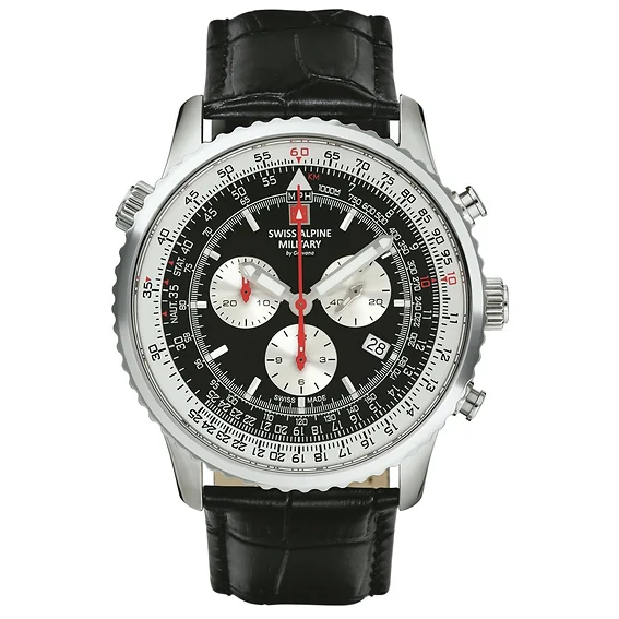Swiss Alpine Military Viper Chronograph Leather Strap Black Dial Quartz 7078.9537 100M Men's Watch