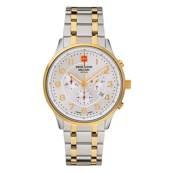 Swiss Alpine Military Skymaster Chronograph Two Tone Stainless Steel Silver Dial Quartz 7084.9142 100M Men's Watch