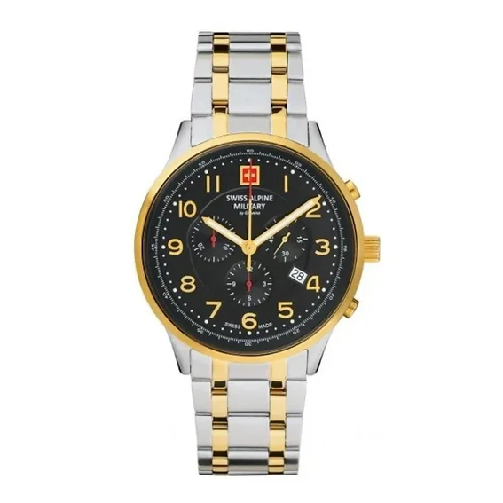 Swiss Alpine Military Skymaster Chronograph Two Tone Stainless Steel Black Dial Quartz 7084.9147 100M Men's Watch
