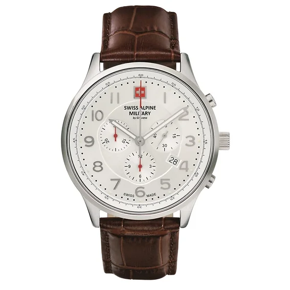 Swiss Alpine Military Skymaster Chronograph Leather Strap Silver Dial Quartz 7084.9532 100M Men's Watch