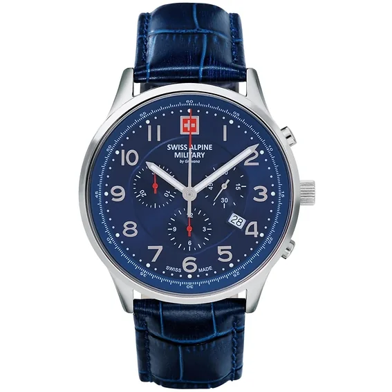 Swiss Alpine Military Skymaster Chronograph Leather Strap Blue Dial Quartz 7084.9535 100M Men's Watch