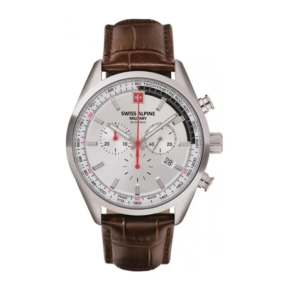 Swiss Alpine Military Pegasus Chronograph Leather Strap Silver Dial Quartz 7086.9532 100M Men's Watch