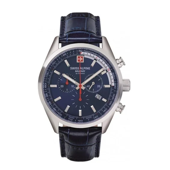 Swiss Alpine Military Pegasus Chronograph Leather Strap Blue Dial Quartz 7086.9535 100M Men's Watch