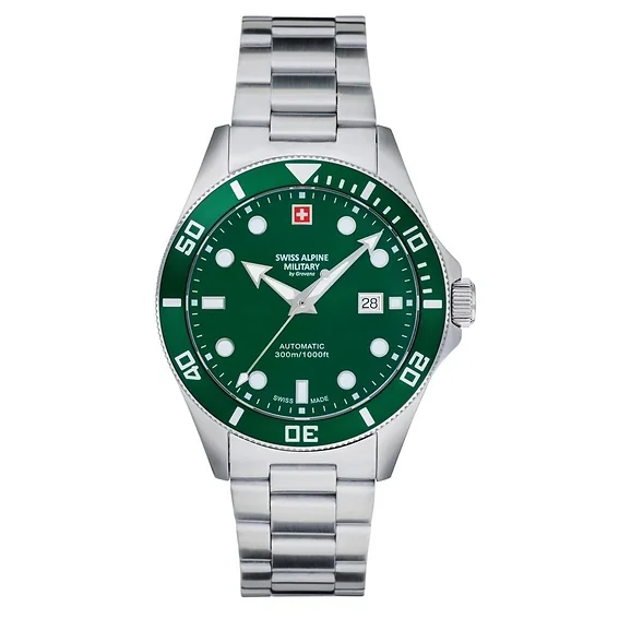 Swiss Alpine Military Deep Sea Stainless Steel Green Dial Automatic Diver's 7095.2134 300M Men's Watch