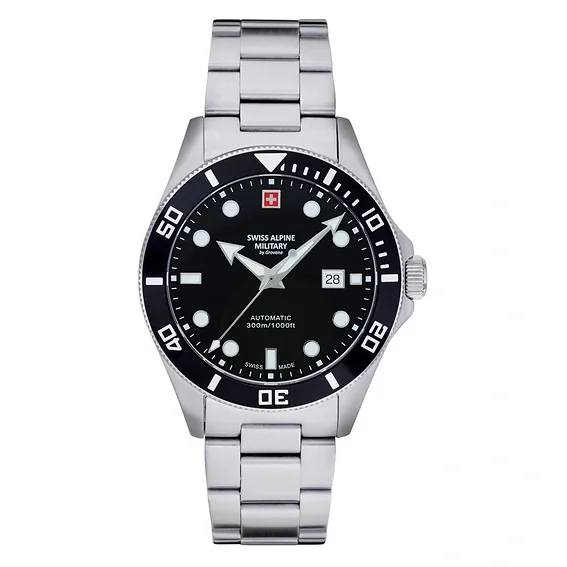 Swiss Alpine Military Deep Sea Stainless Steel Black Dial Automatic Diver's 7095.2137 300M Men's Watch