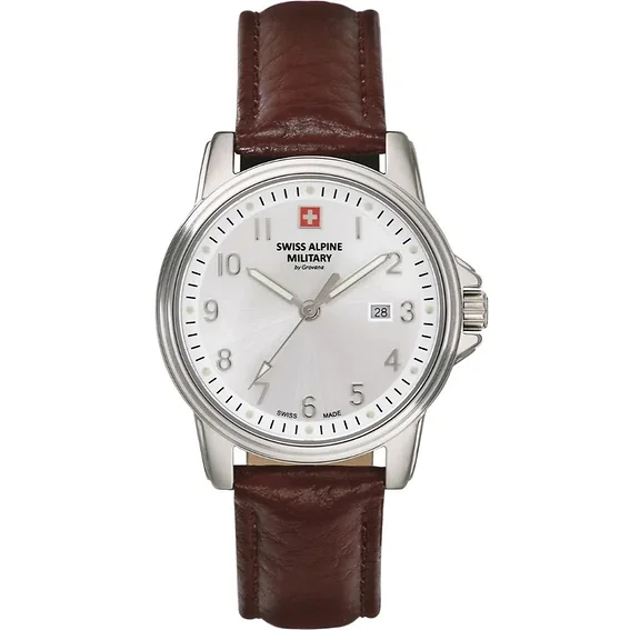 Swiss Alpine Military Leader Ladies Leather Strap Silver Dial Quartz 7711.1532 100M Women's Watch
