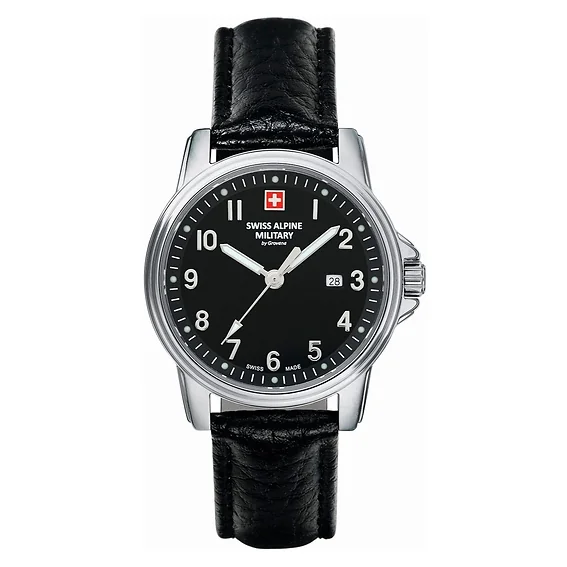Swiss Alpine Military Leader Ladies Leather Strap Black Dial Quartz 7711.1537 100M Women's Watch