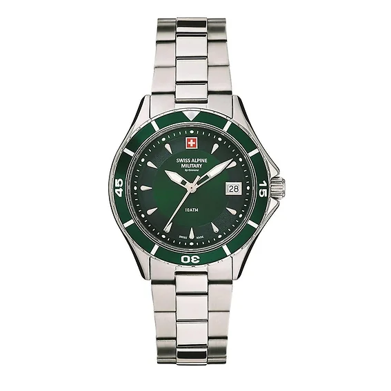 Swiss Alpine Military Aquatech Ladies Stainless Steel Green Dial Quartz 7740.1134 100M Women's Watch