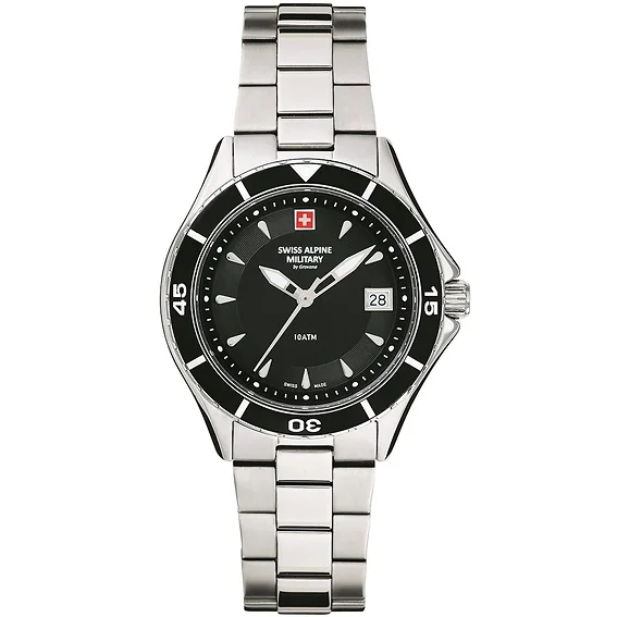 Swiss Alpine Military Aquatech Ladies Stainless Steel Black Dial Quartz 7740.1137 100M Women's Watch