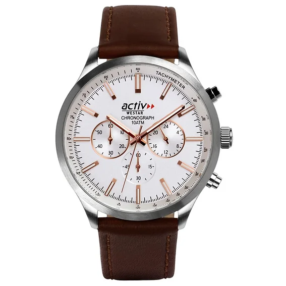 Westar Activ Chronograph Leather Strap Silver Dial Quartz 90243STN627 100M Men's Watch