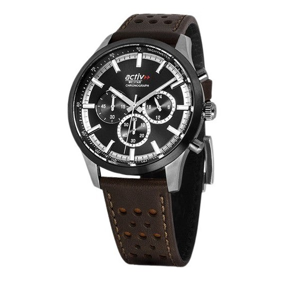 Westar Activ 計時皮革錶帶黑色錶盤石英 90265SBN123 男裝手錶 zh-CHS